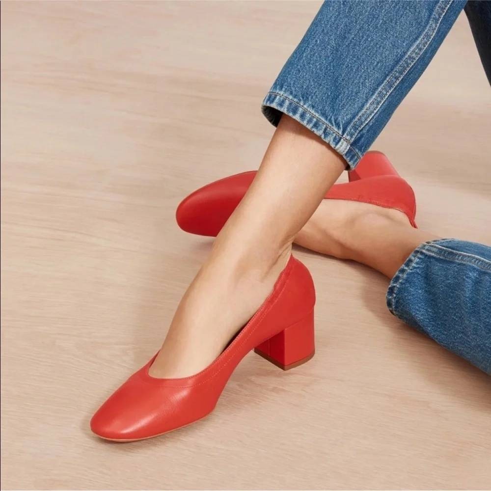 Everlane Day Heel Red Italian Leather Block Heel Pump Shoes Womens 5.5